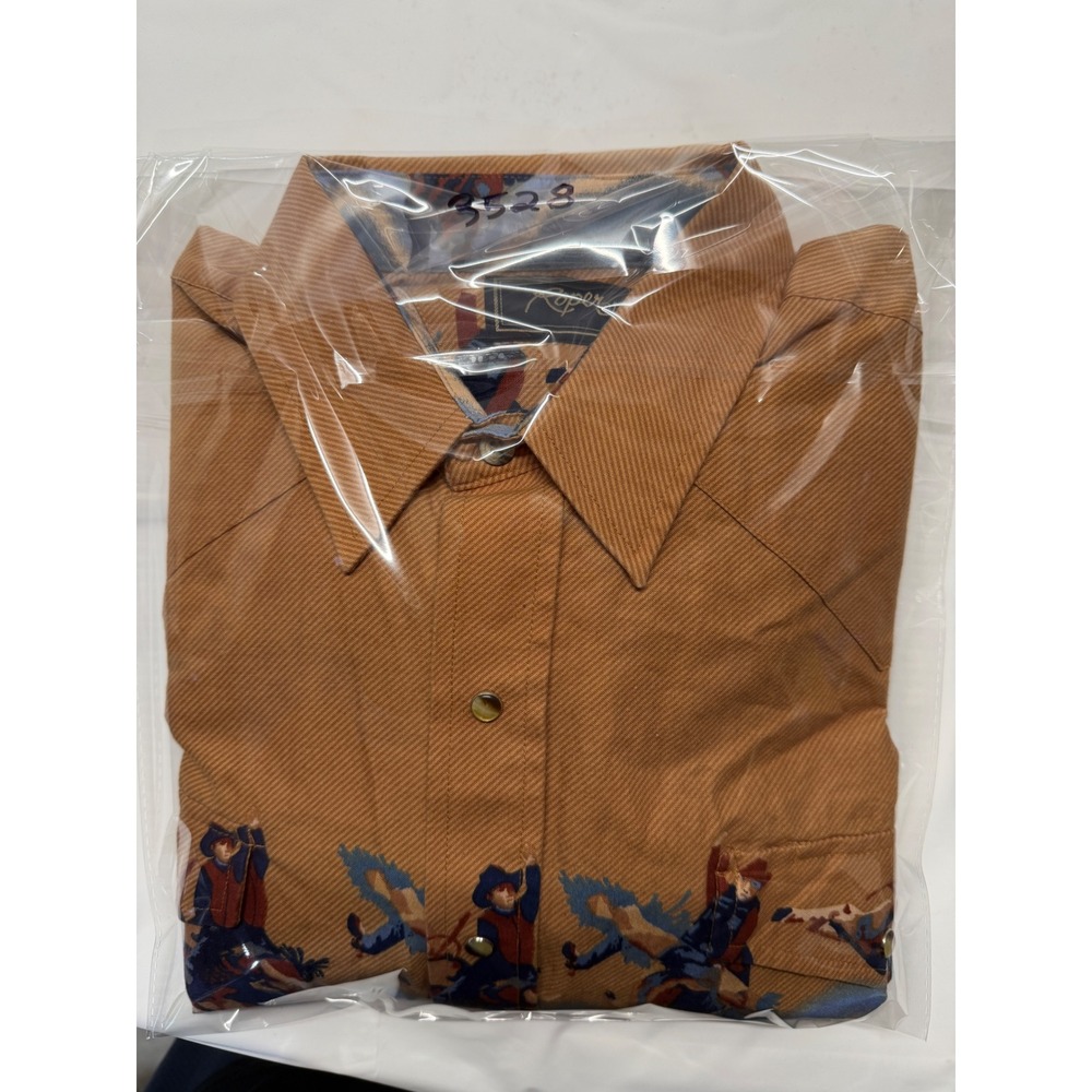 Roper Mens Western Shirt Large Blue Tan Rodeo Cowboy Graphic Pearl Snap Cotton - Picture 7 of 7